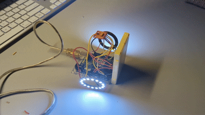 GIF of me testing the gesture for LEFT and RIGHT, raising and decreasing the brightness. With the sensor infront of the the lamp, It was very challenging to wave at it properly, so when crimping the wires, I made the consious decision to move it up top. Having spent adequate time in Arduino Uno testing the sensor and lights, I got a good hang of how things should be coded. The only occasional struggle was making sure the lights updated properly