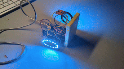 GIF of me testing the DOWN and UP gesture to alter from a cool temperature to warm temperature selection, and enable the proximity sensor to change the temperature with this new selection. Initially I had up and down change cool and warm, but sometimes when swiping left and right, if you accidently triggered the down gesture, you would have to wait for the proximity selection to end. Since up was very uncomon to accidently imput, I kept that as the proximity selector while changing down to simply adjust the option