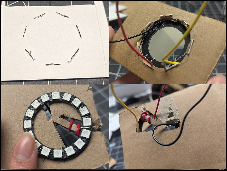 4 photos of the steps taken to create a means of encorperating the diffusers and neoPixels in the wall of the lamp. What ended up working well was cutting slits for the notches in the base of the diffusers, and lines for the wires of the neoPixel lights to wrap around to keep it in place