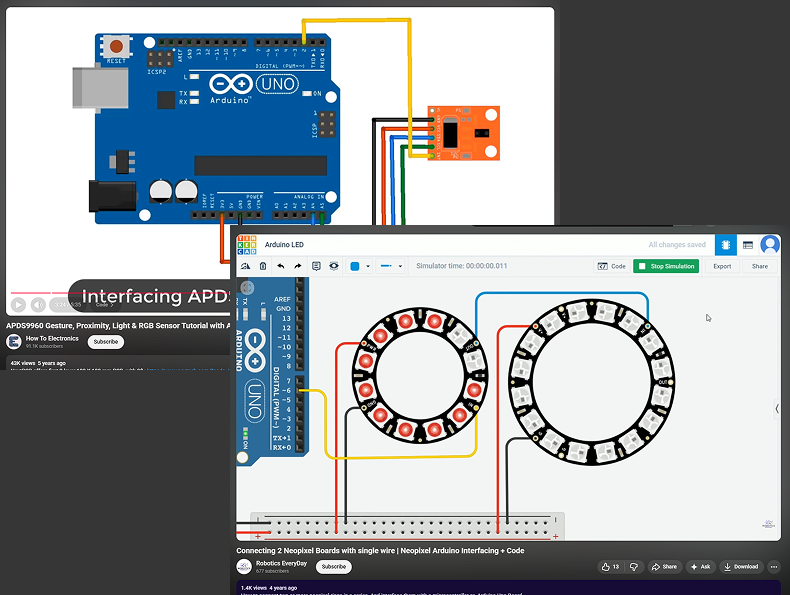 2 screenshots of two different tutorials. The top left tutorial is centered on the APDS 9960 whereras the bottom right tutorial is centered on the neoPixel lights. These two tutorials helped in sorting out how to connect these components to the Arduino Uno. <a href='https://www.youtube.com/watch?v=An7JA5Z2EuQ' target='_blank'><p>APDS 9960 video</p></a> <a href='https://www.youtube.com/watch?v=MIzneMc43AY&t=35s' target='_blank'><p>neoPixel video</p></a>