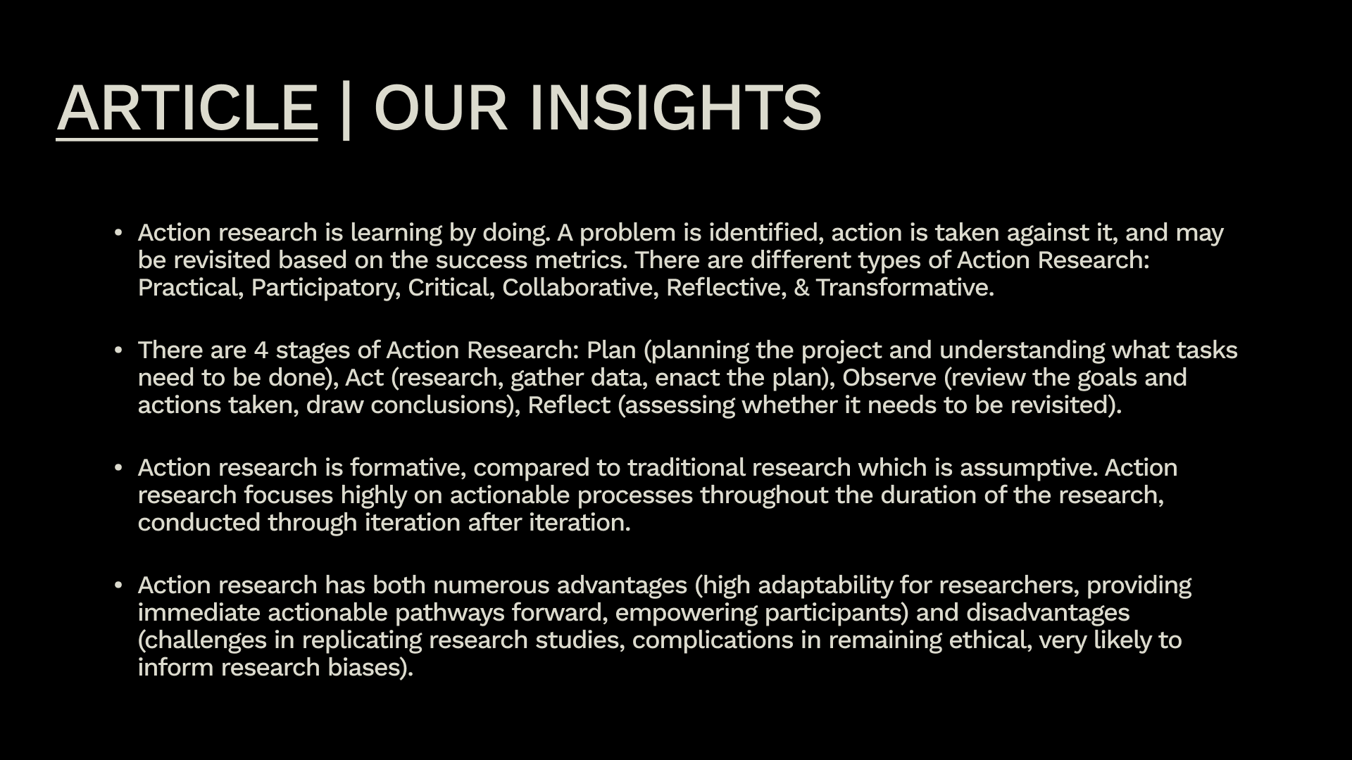 Slide 1 of our action research workshop activity. This is the slide I found this workshop helpful as it got me thinking deeper about action research then I would have otherwise. Breaking it down into simple insights helped with understanding the concept further.